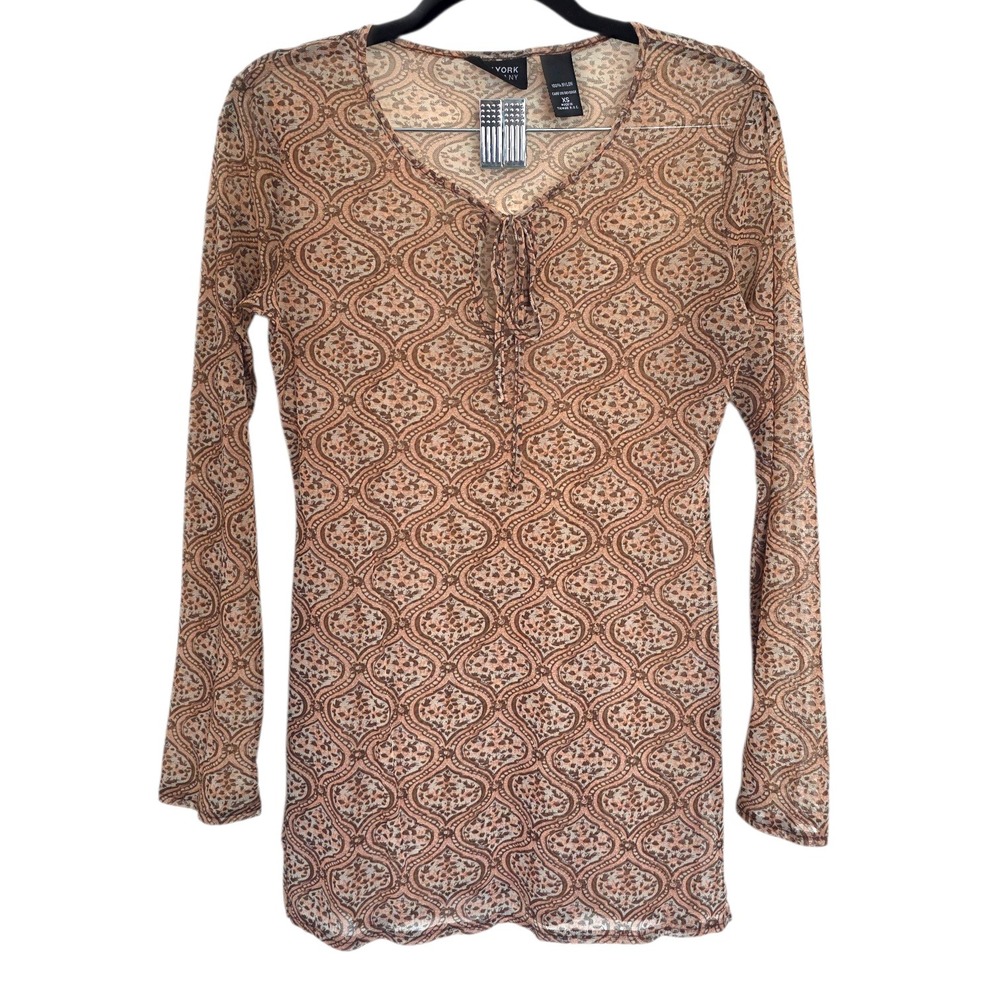 New York & Co Sheer Mesh Paisley Tie Neck Tunic Top XS